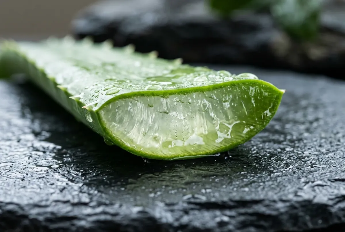 Cross section of a cut succulent leaf revealing clear inner botanical gel