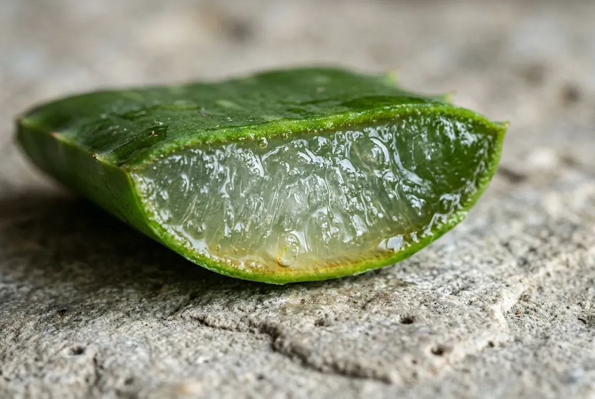 Kesilmiş taze aloe vera yaprağının içindeki berrak jel dokusu