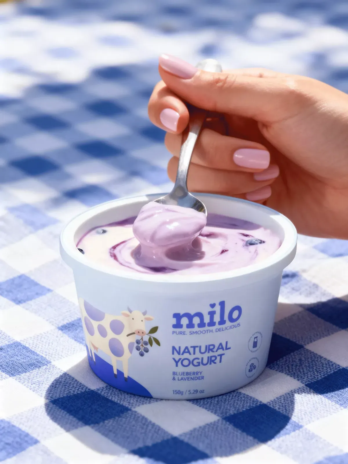 a person is dipping yogurt into a bowl on a table with blue and white checkered cloth