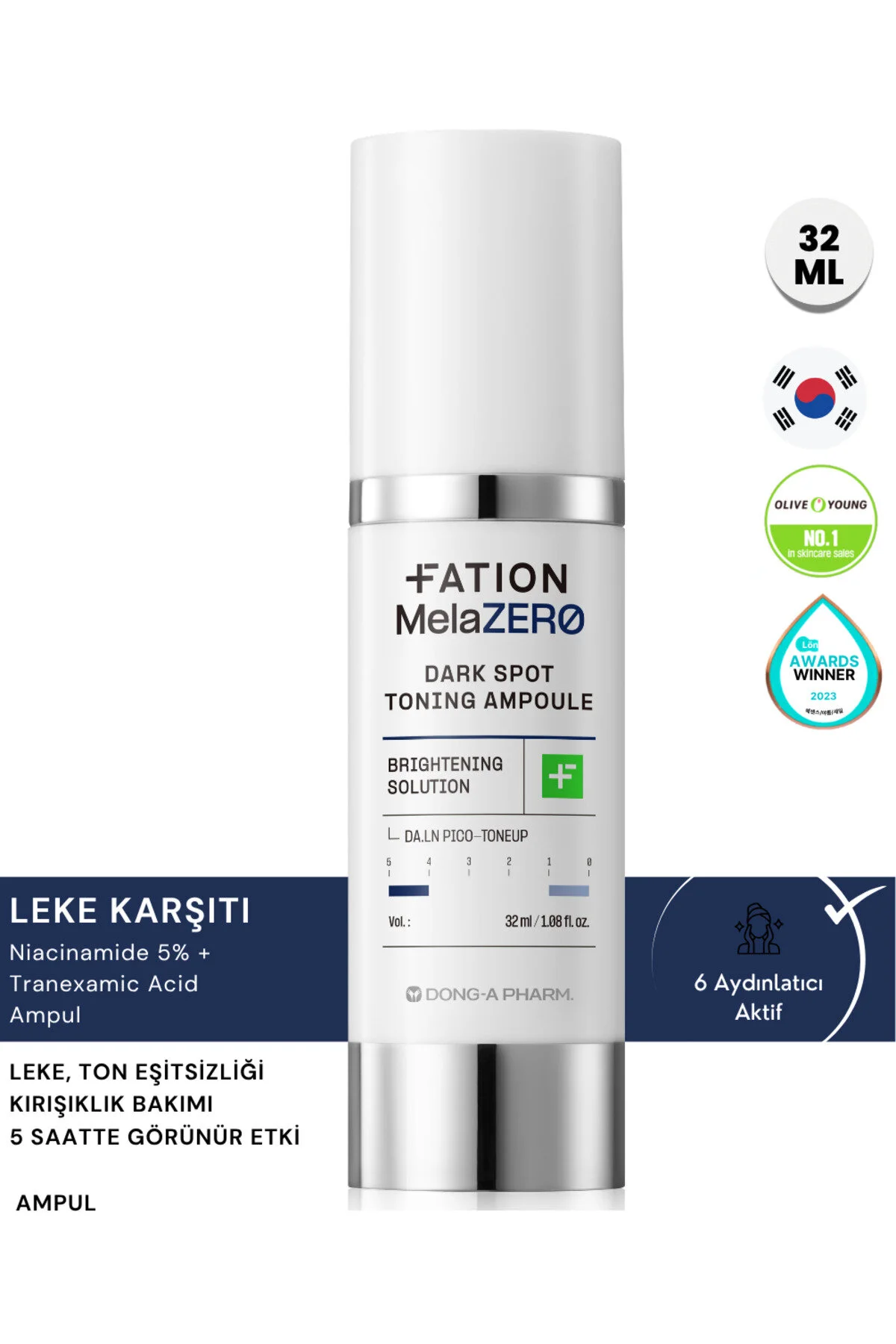 Fation MelaZERO Dark Spot Toning Ampoule | 6'lı Aydınlatıcı Aktif ile Leke ve Hiperpigmentasyon Karşıtı Ampul, 32ml