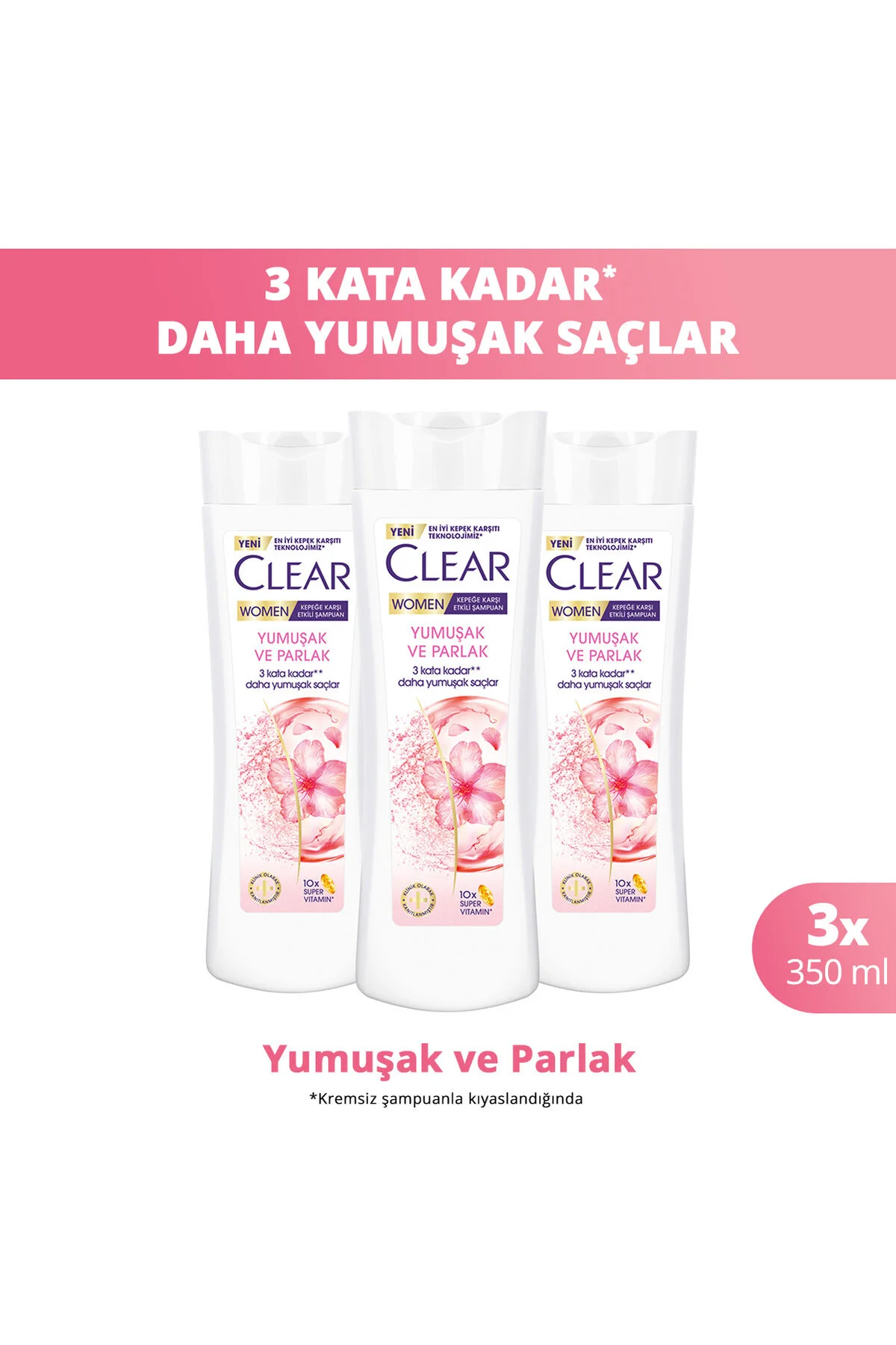 Clear Women Kepeğe Karşı Etkili Şampuan Yumuşak ve Parlak 350 ml x3