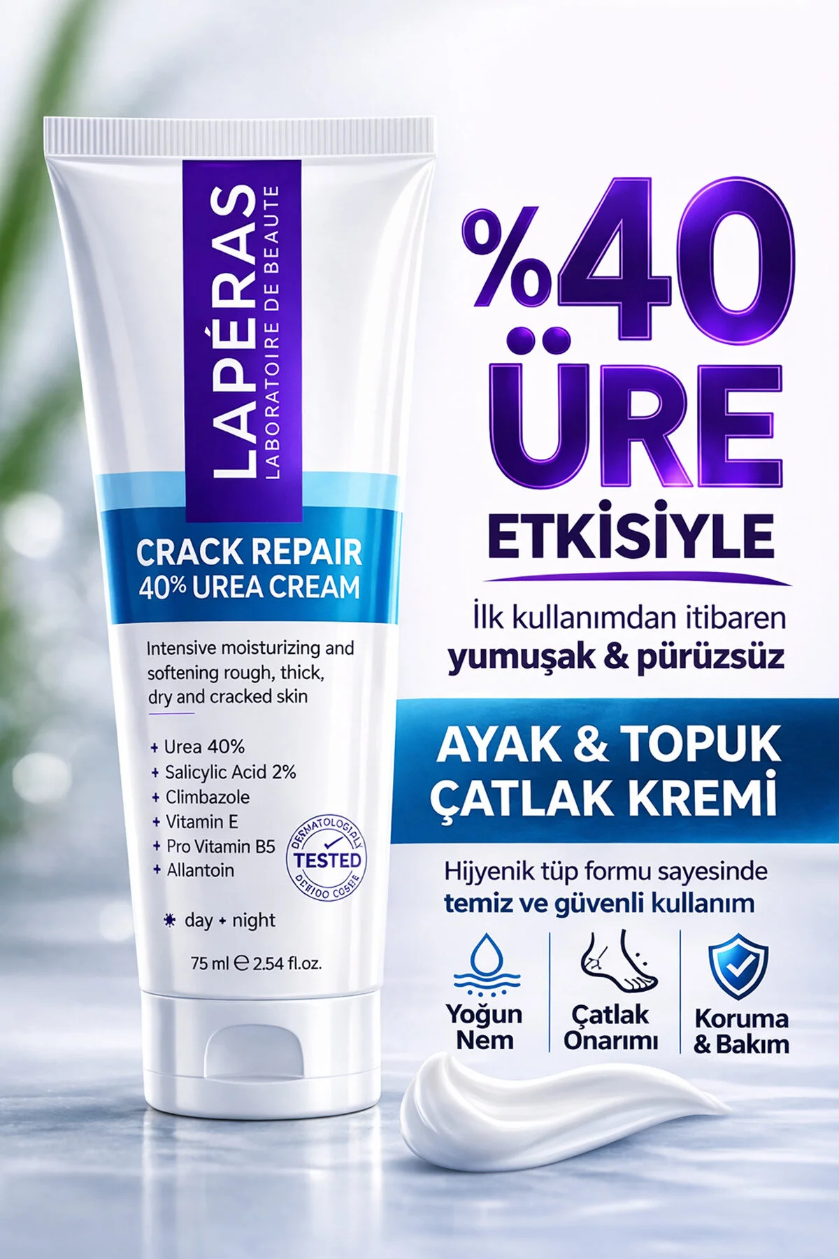 LAPERAS %40 Üre Ayak ve Topuk Çatlak Kremi 75 ml | Kuru Sertleşmiş Ciltler İçin | Yoğun Nemlendirici, Nasır, Koku Karşıtı | %2 Salisilik Asit