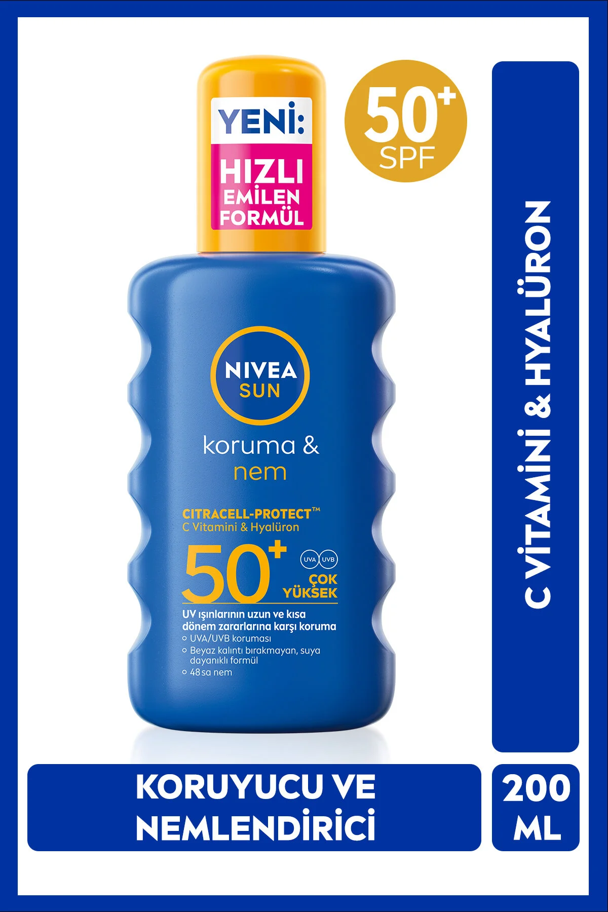 NIVEA SUN SPF50+ Yüksek Güneş Koruyucu ve Nemlendirici Sprey 200ml, Suya Dayanıklı, Yeni Nesil UV Filtresi