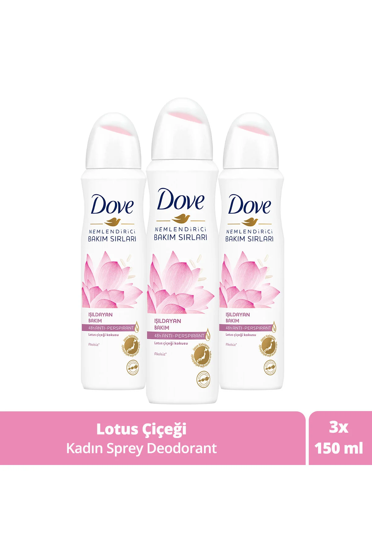 Dove Kadın Sprey Deodorant Işıldayan Bakım Lotus Çiçeği Kokusu 150 ml X3 Adet