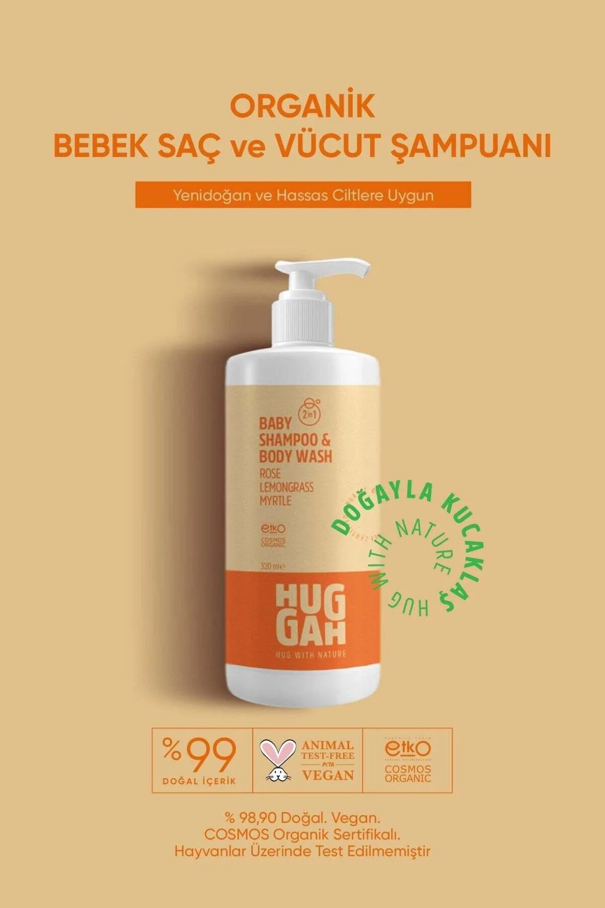 Huggah Organik Bebek Saç ve Vücut Şampuanı(2in1) 320ml–Hassas Cilt-Göz Yakmayan-Konak Karşıtı-Kolay Tarama