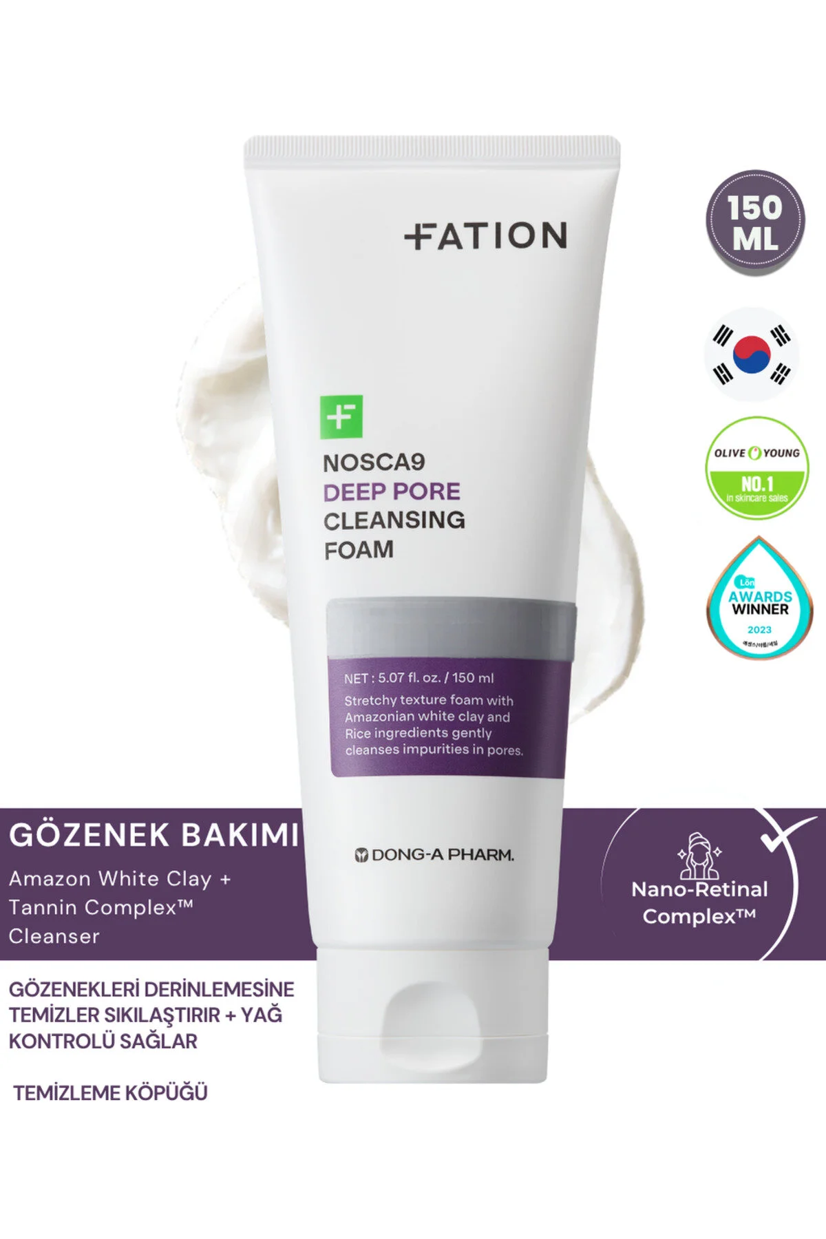 Fation Nosca9 Deep Pore Cleansing Foam | Nano-retinal RX™ & %0.5 BHA ile Gözenek ve Siyah Nokta Karşıtı Köpük, 150ml