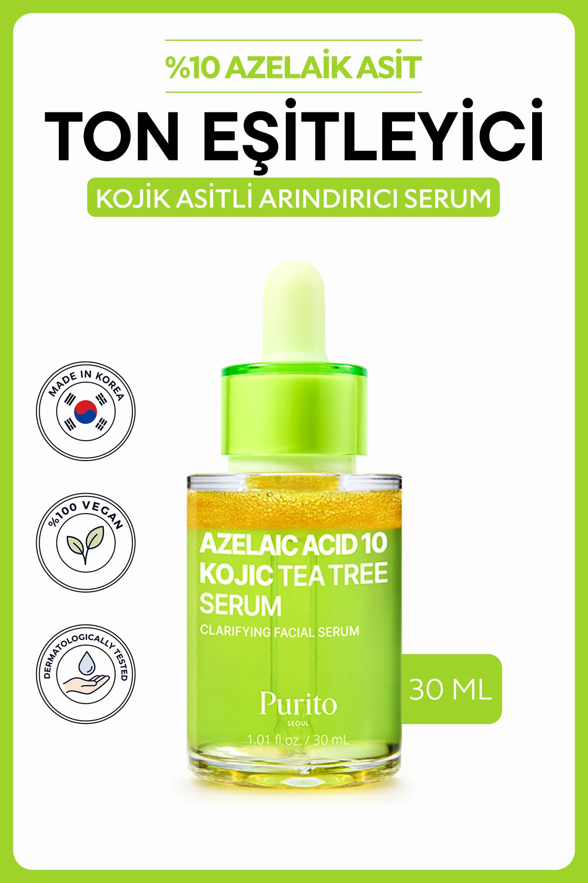 Purito Azelaic Acid 10% Kojic Acid Tea Tree Serum | Akne Karşıtı Leke Görünümü Dengeleyici Serum 30 ml