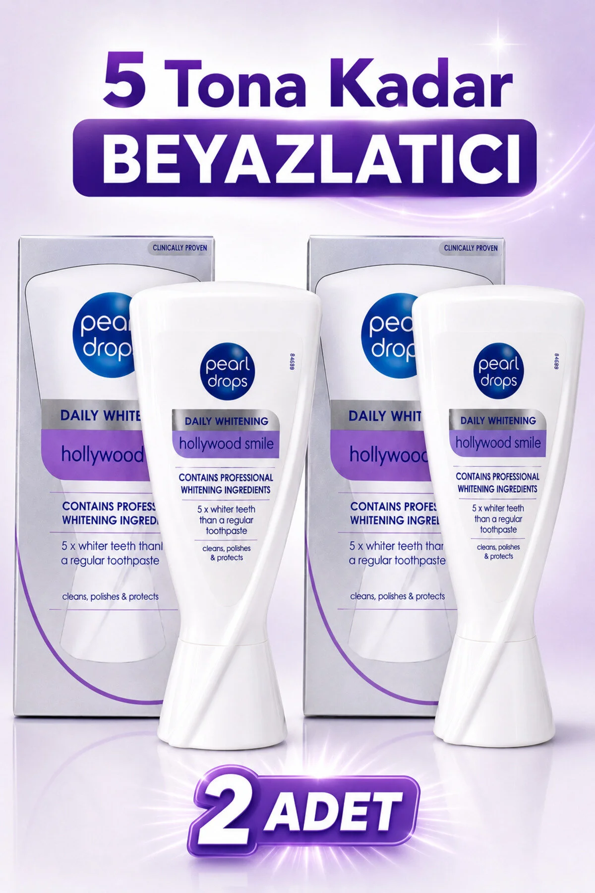 Pearl Drops Hollywood Smile -2 Adet- Beyazlatıcı Diş Macunu | Aktif Oksijen | 5 Kat Daha Beyaz Dişler | 50 ml