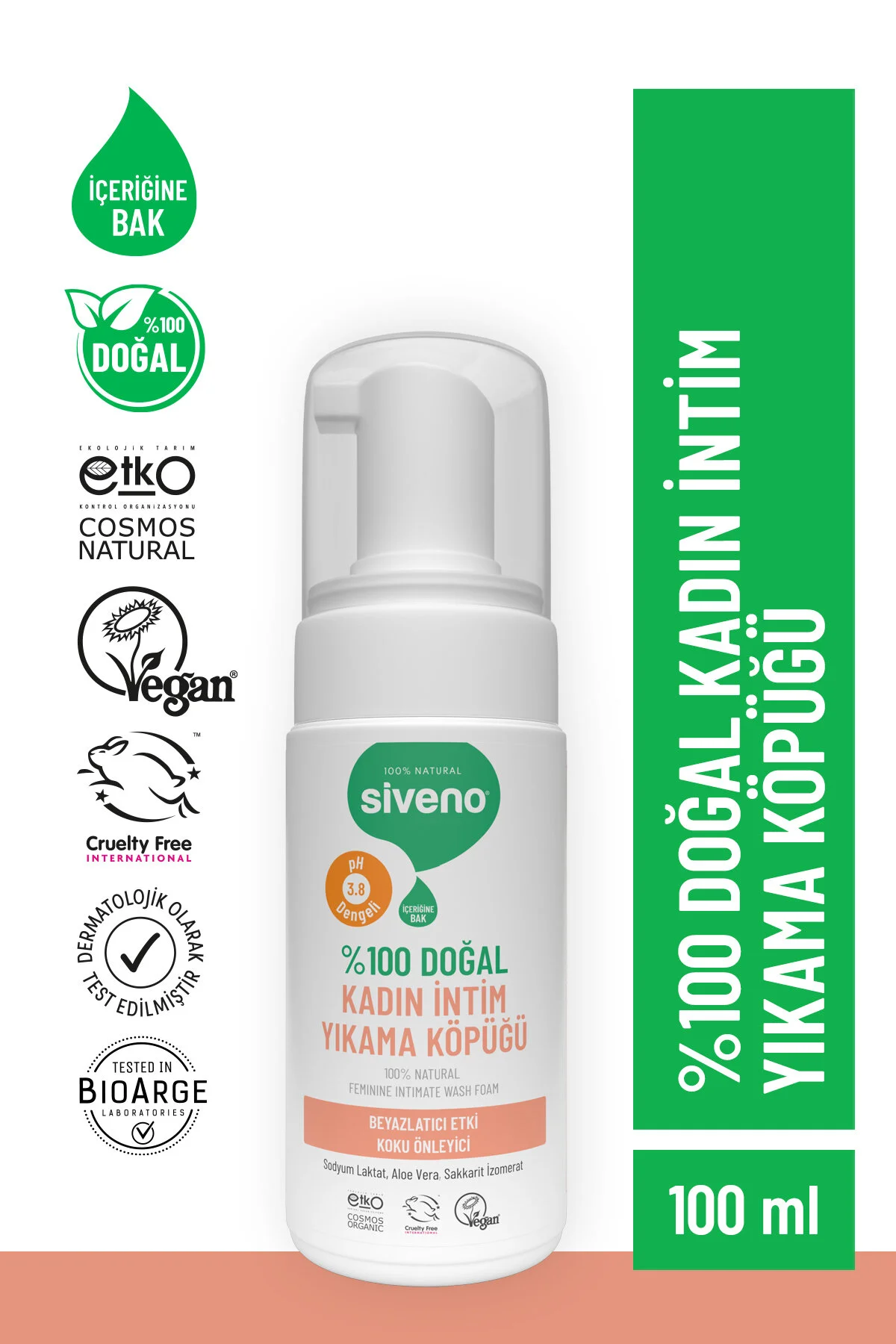 Siveno %100 Doğal İntim Yıkama Köpüğü Beyazlatıcı Etkili Koku Önleyici pH 3.8 100 ml