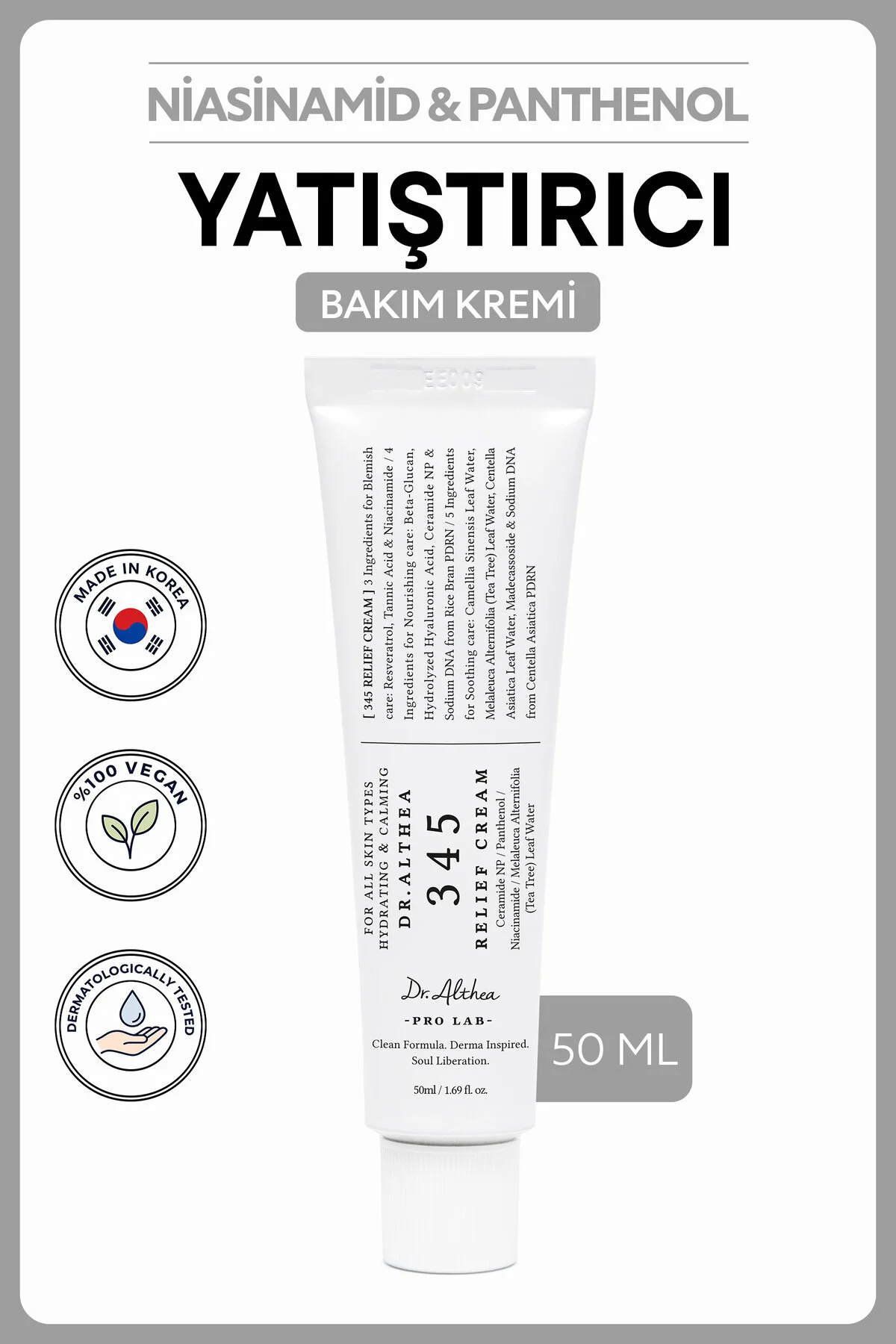 Dr. Althea 345 Relief Cream | Akne Karşıtı Niacinamide Resveratrol Centella Yatıştırıcı Nemlendirici Krem 50 ml