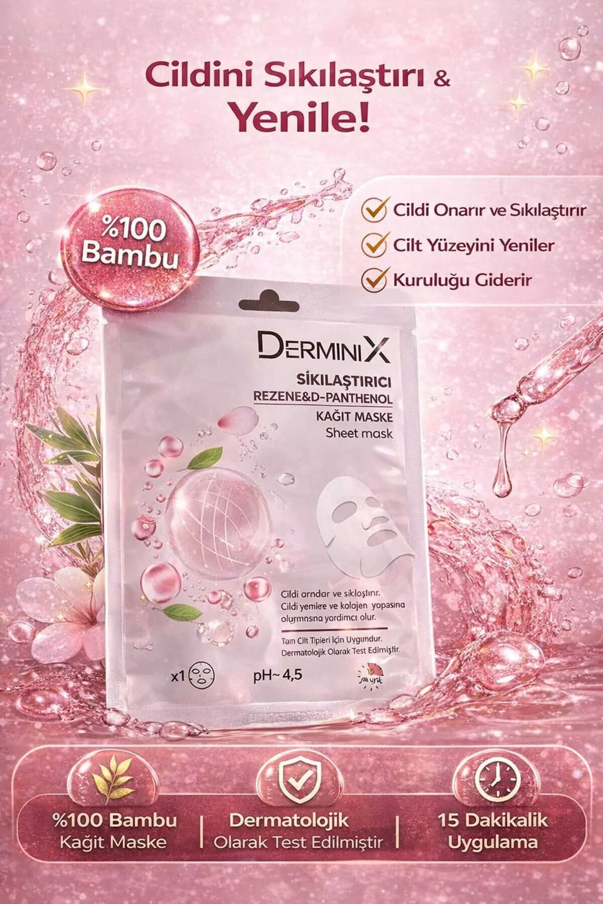 Derminix Sıkılaştırıcı 25g Kağıt Maske 1 Adet – Rezené ve D-Panthenol, Cilt Toparlayıcı