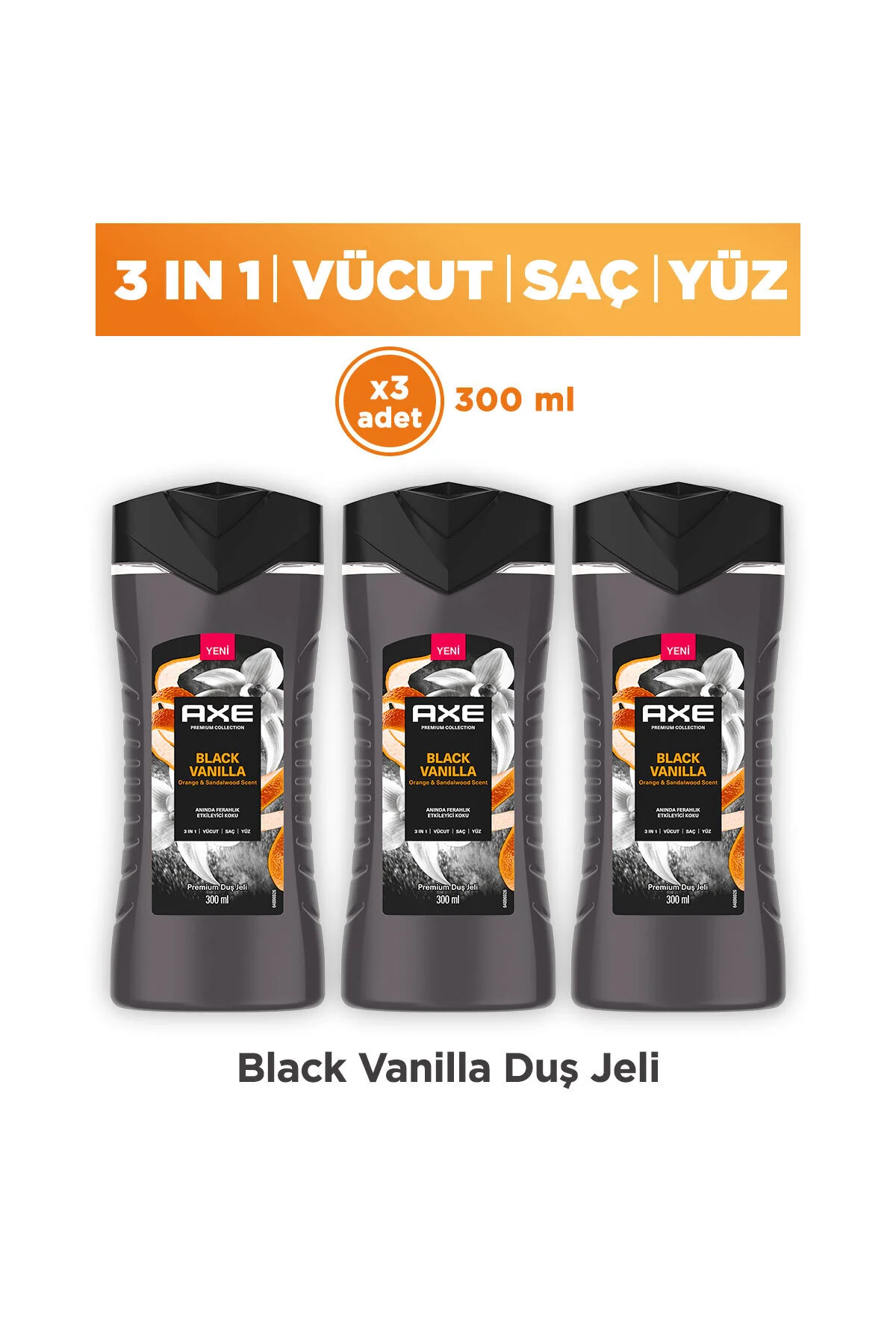 Axe Duş Jeli Black Vanilla 3 in 1 Vücut Saç Yüz 300 ml x3