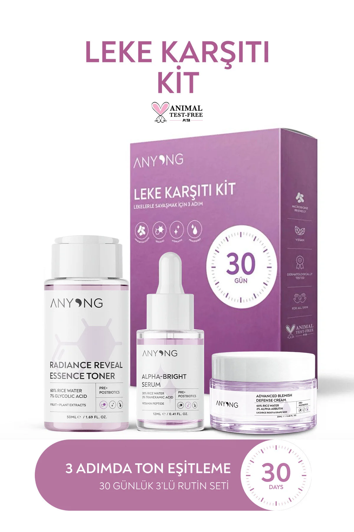 Anyong Leke Karşıtı Ve Aydınlatıcı Cilt Bakım Seti (TONİK, SERUM, KREM) / Pirinç Suyu Ve Arbutin