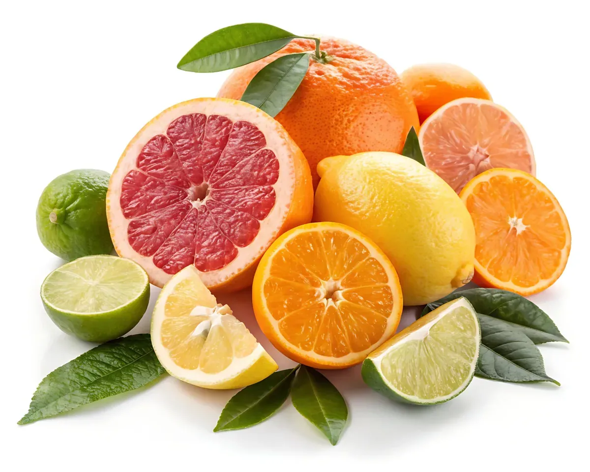 various citrus fruits with leaves on white background