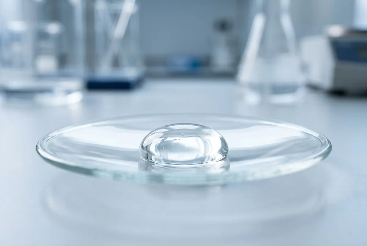 A clear droplet of viscous hydrating gel resting on clean laboratory glassware