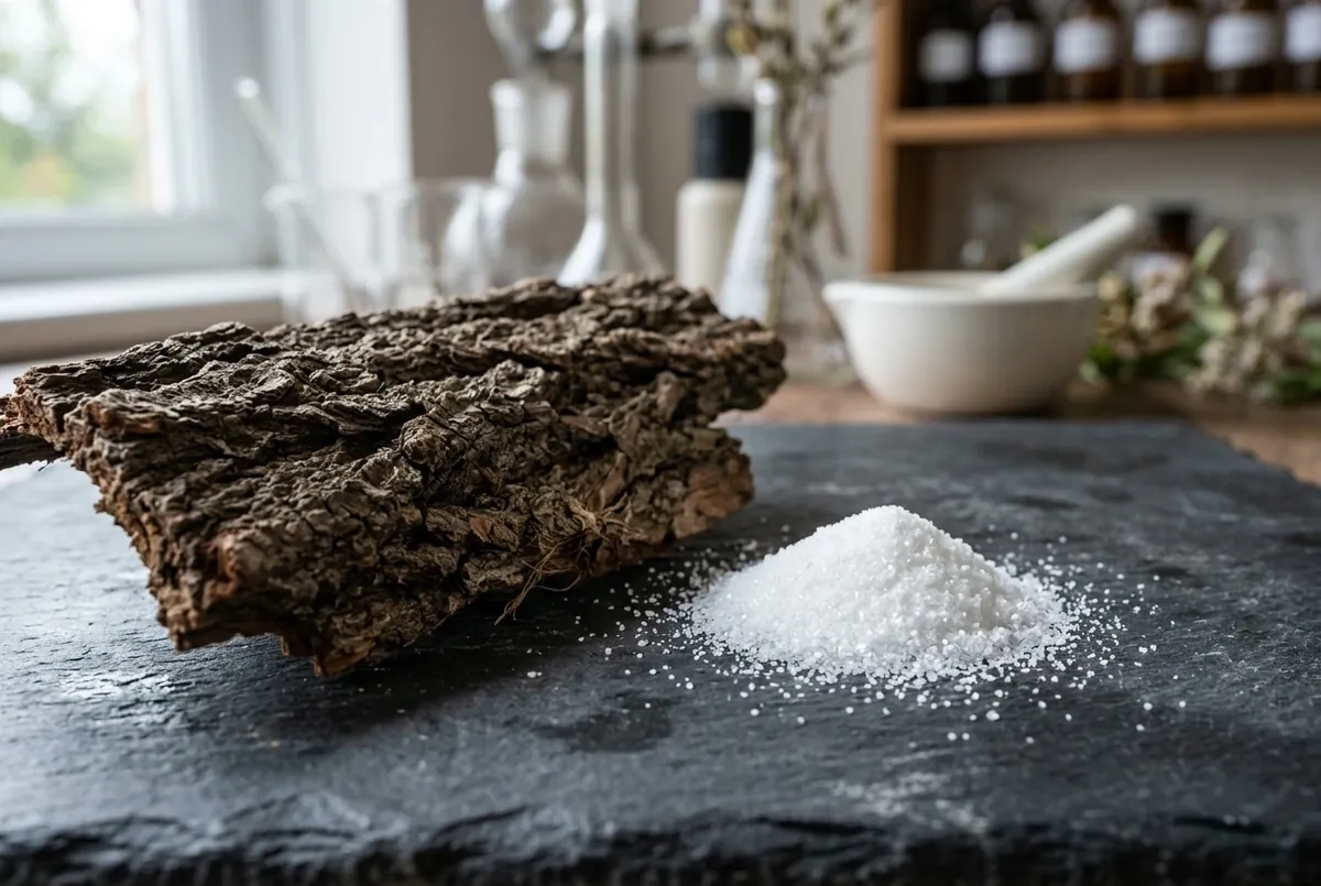 Willow tree bark placed next to a mound of pure white crystalline salicylic acid powder